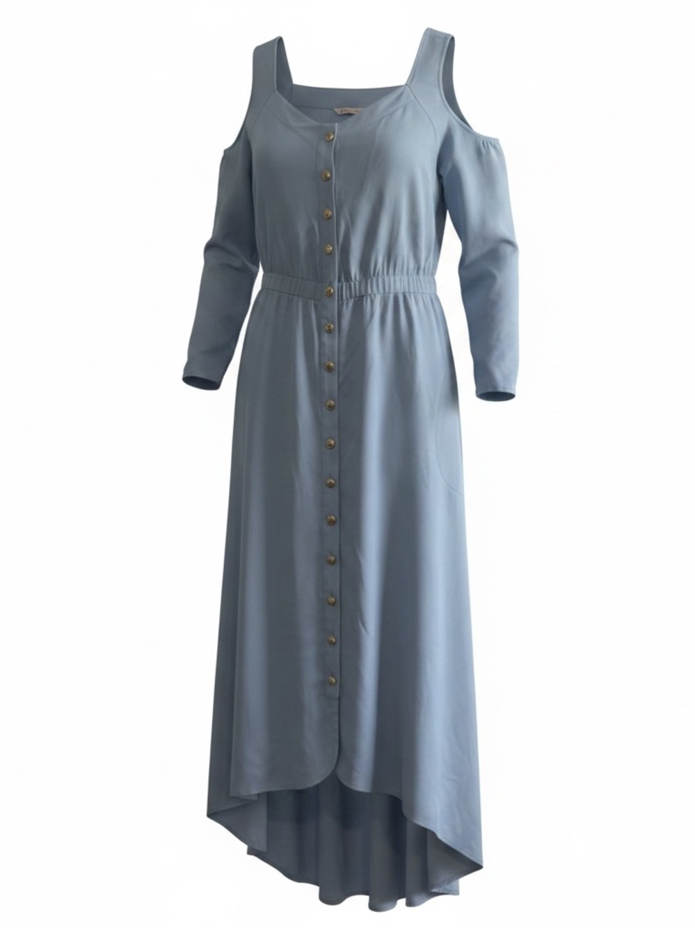 Soft Surroundings Dusty Blue Cold-Shoulder High-Low Button Front Maxi Dress